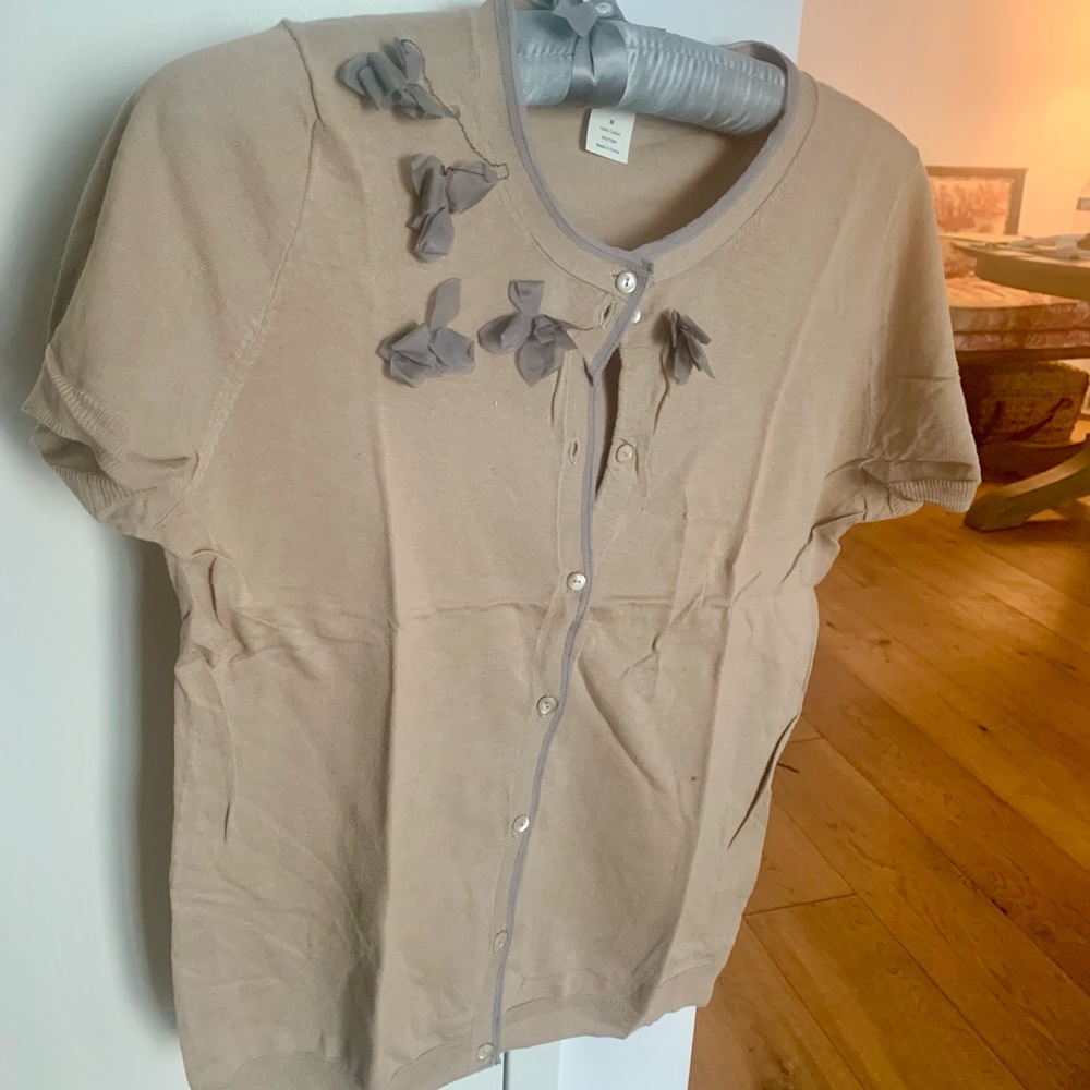 J. Crew floral appliqué short sleeved button down sweater